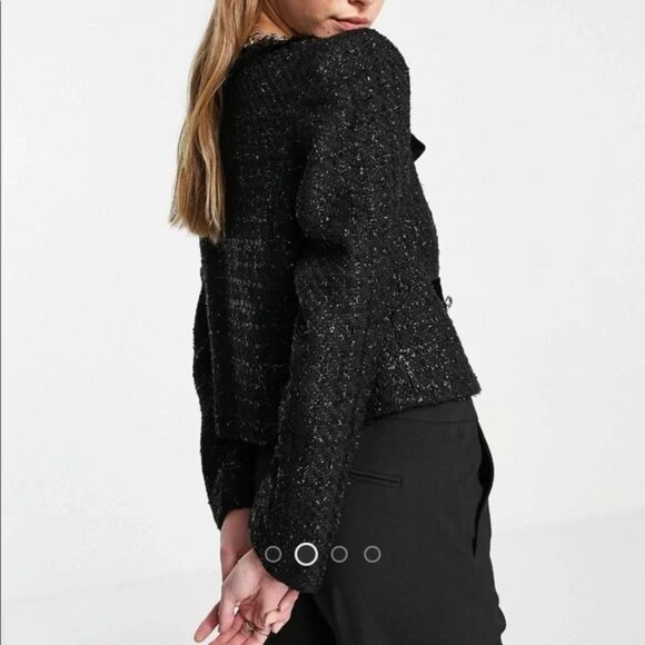 River Island Black Button Front Tweed Boucle Blazer Jacket Size 12 - Picture 3 of 7
